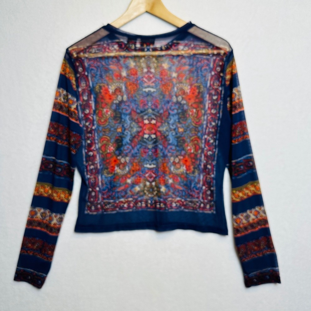 New York & Company Mesh Top Women L Blue Tapestry Print Sheer Long Sleeve - Picture 4 of 9
